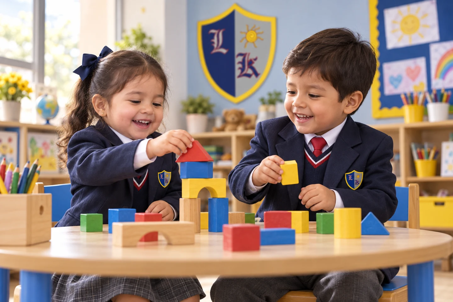 Imagen de campaña: niños de Inicial explorando y construyendo con bloques
